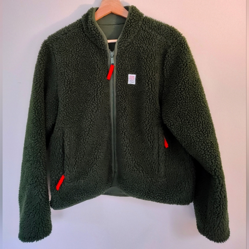 Topo Designs Sherpa Reversible Coat Jacket Zipper Pockets Green